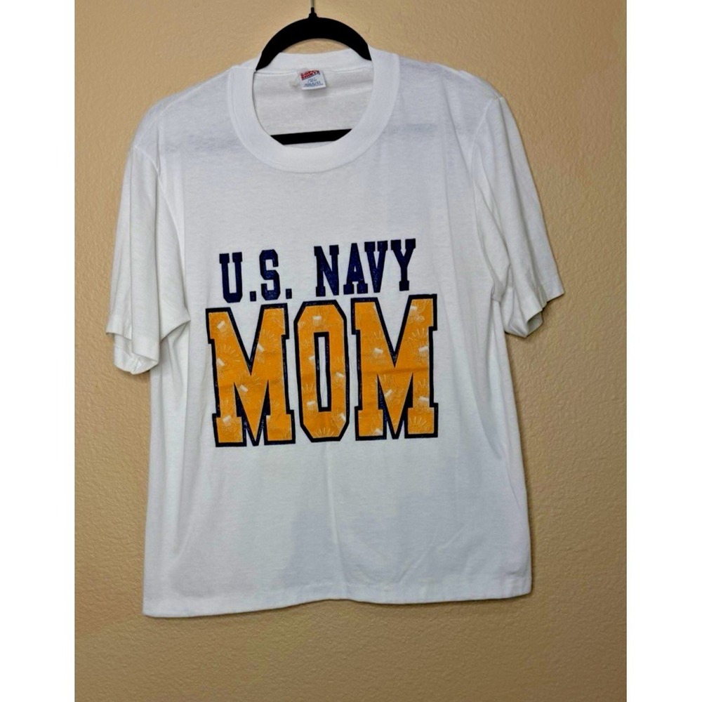 Vintage Single Stich Navy Mom Shirt L 100% Cotton USA Soffe - Picture 2 of 5